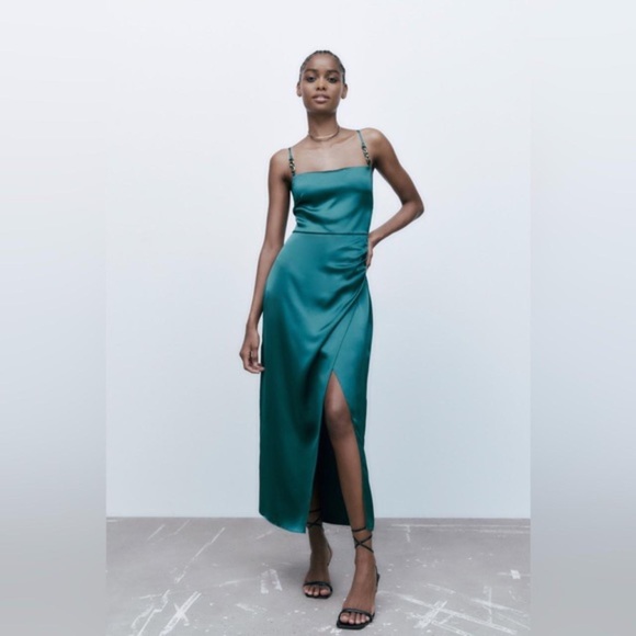 Zara Dresses & Skirts - ZARA EMERALD GREEN SATIN CAMISOLE DRESS